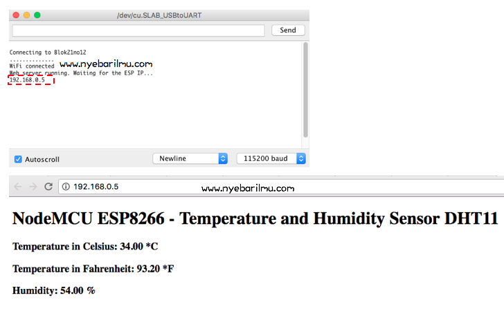 Hasil Monitoring DHT11 via browser komputer dengan NodeMCU
