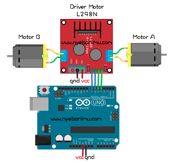 Skema rangkaian pengujian driver motor L298N menggunakan arduino uno