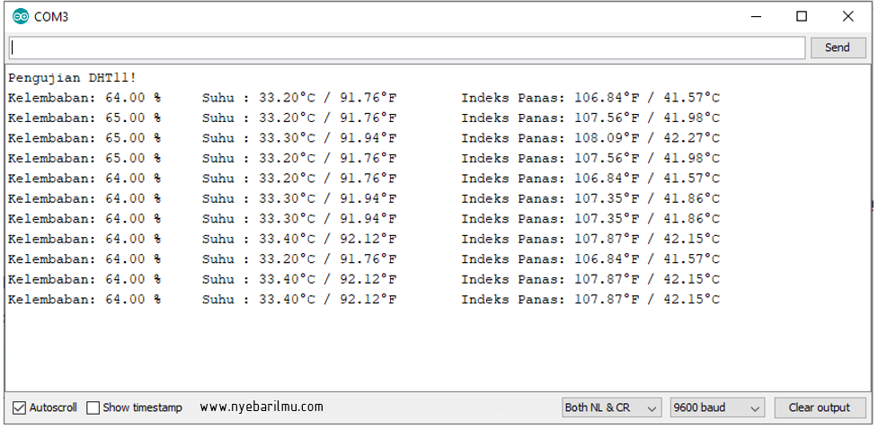 serial monitoring DHT11 dan Arduino