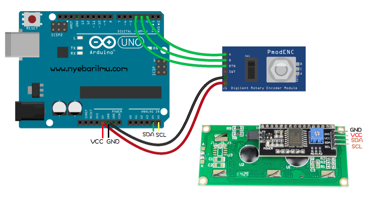 Rangkaian arduino uno dengan rotary encoder dan penampil lcd 16x2