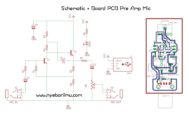 Rangkaian pre amp mic - schematic + board pcb