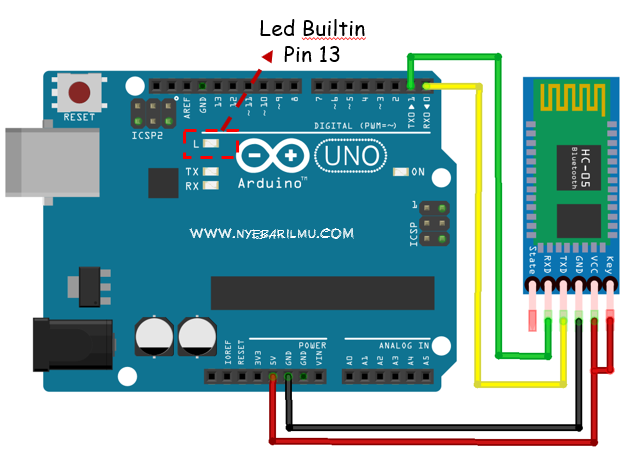 Skema rangkaian arduino mengakses bluetooth hc 05 dan LED