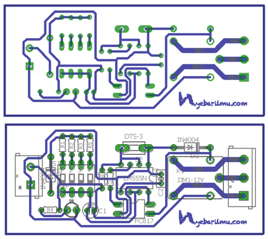 Rangkaian delay timer ic 555 - Board PCB + tata letak komponen