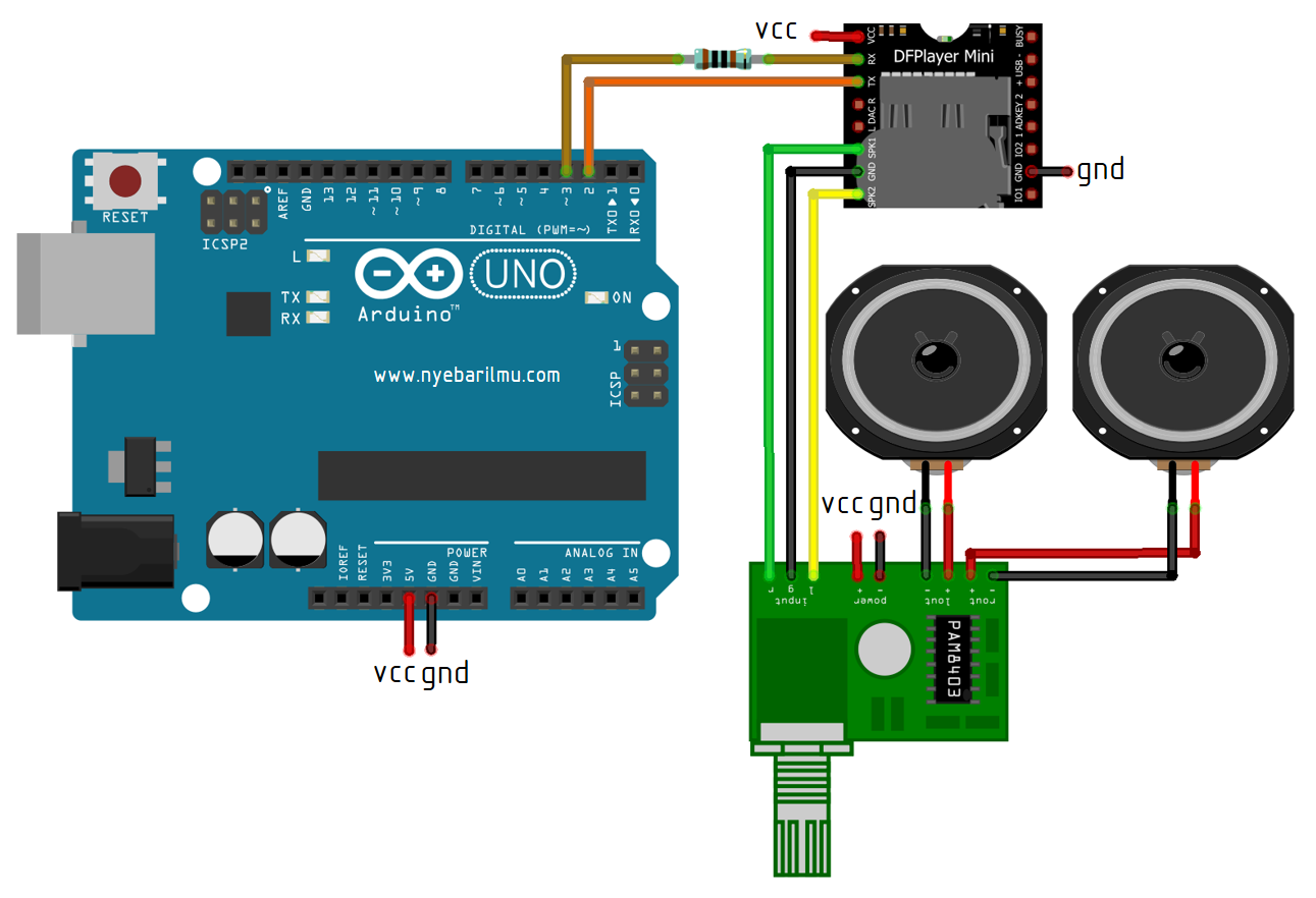 Wiring DF PLAYER MINI + PAM8403 + 2 spk