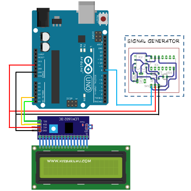 Rangkaian arduino uno dan signal generator ic 555 -frekuensi meter