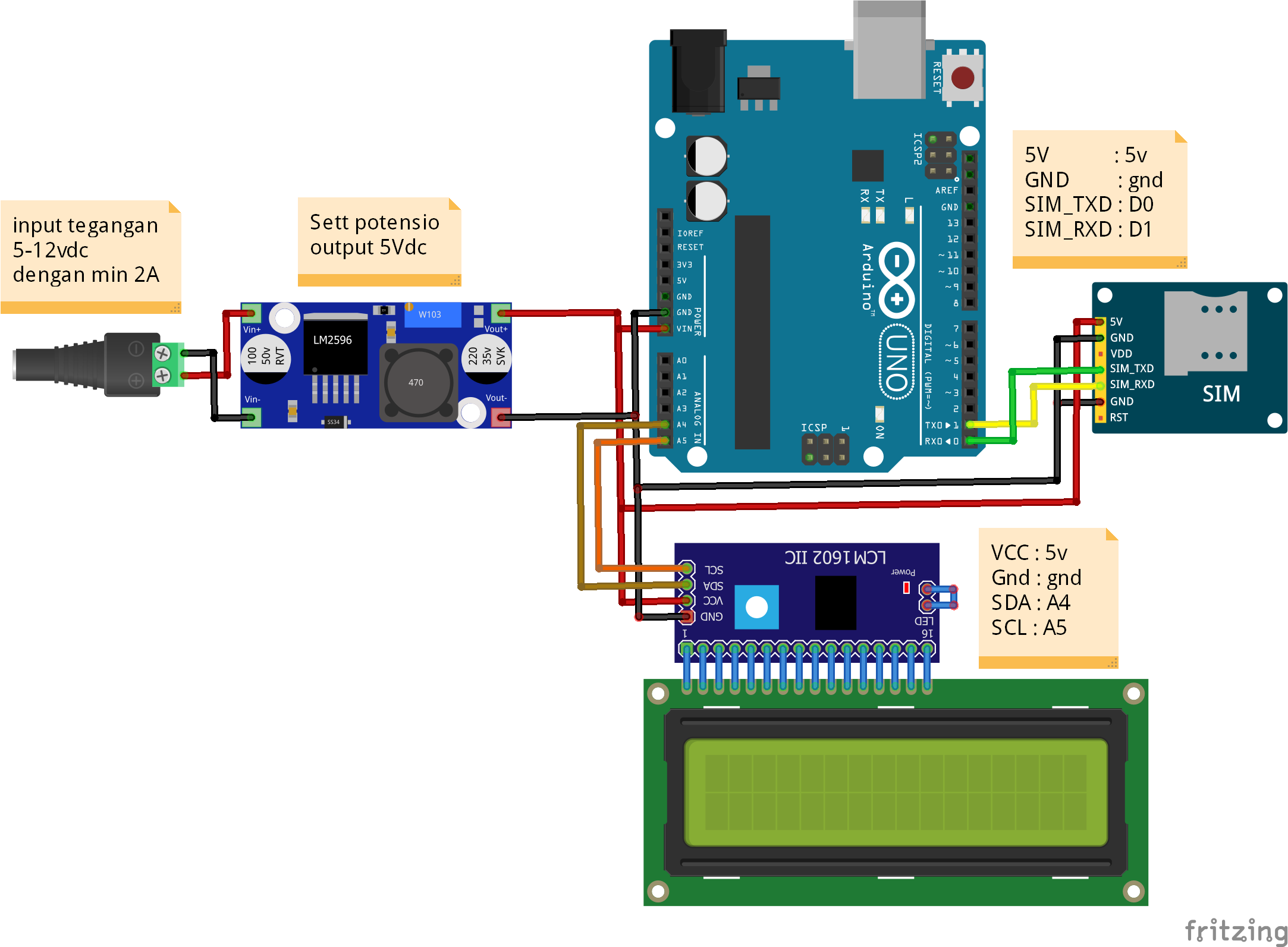 Rangkaian Module GSM SIM800L v.2 dengan LCD dan power adaptor ekstenal