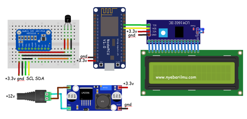 Rangkaian Nodemcu mengakses ADS1115 dengan penampil LCD 16x2