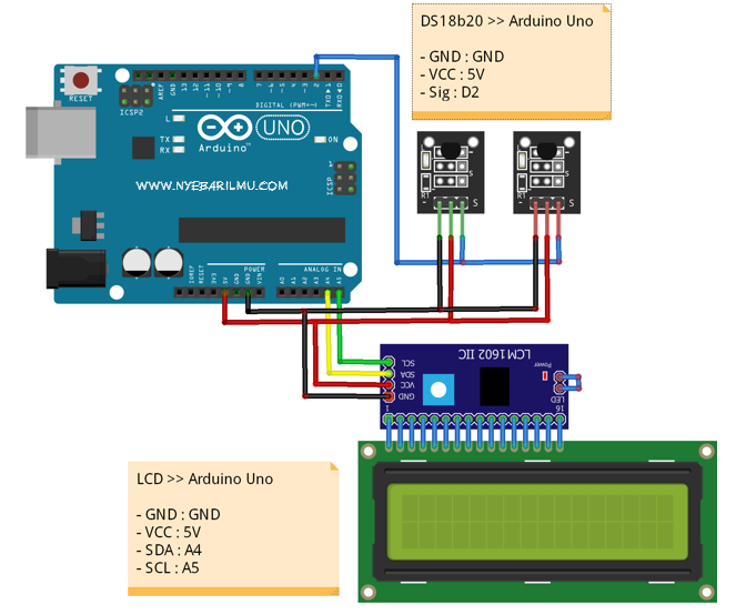 Rangkaian multiple Sensor suhu DS18B20 dan arduino uno
