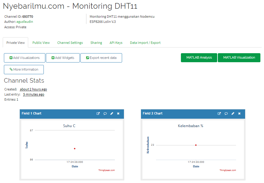 Hasil trial nodemcu v.3 Lolin dengan DHT11 dan thingspeak