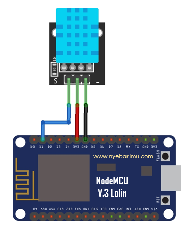 Rangkaian nodemcu v.3 Lolin dengan DHT11 dan thingspeak