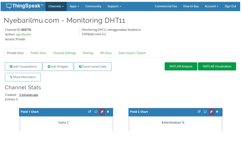 Tampilan di setting new thingspeak