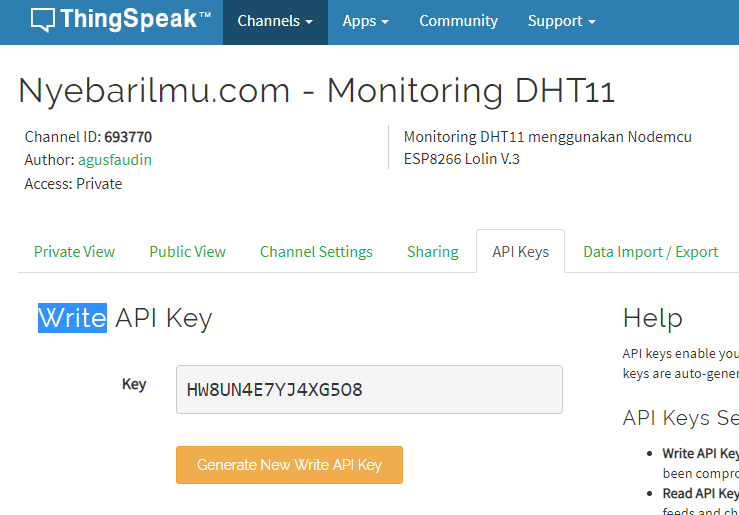 Write API Key nyebarilmu.com DHT11