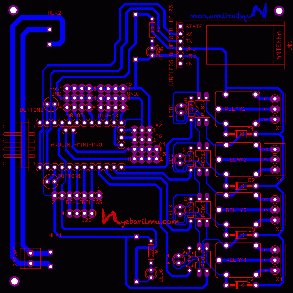 pcb board arduino pro mini kendali oleh RF Wireless dan Bluetooth