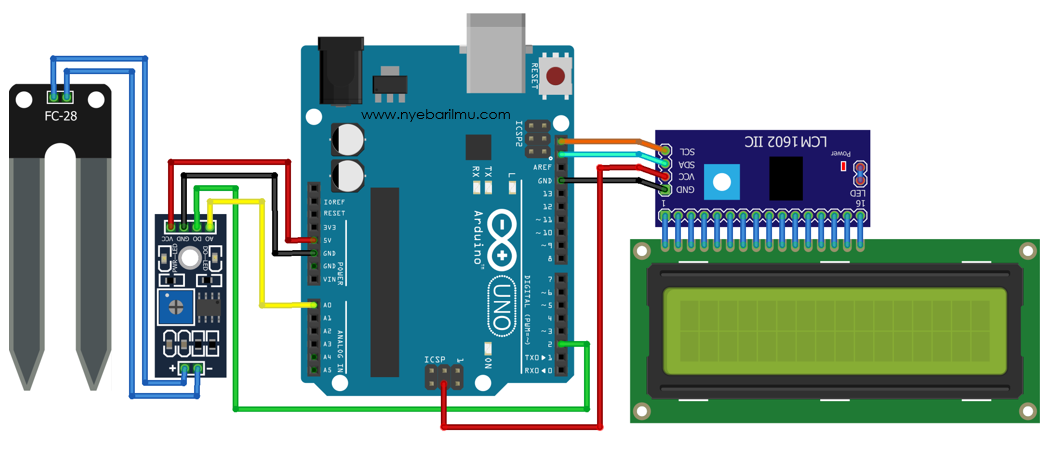 Moisture Soil Sensor and Arduino + i2c LCD - nyebarilmu.com