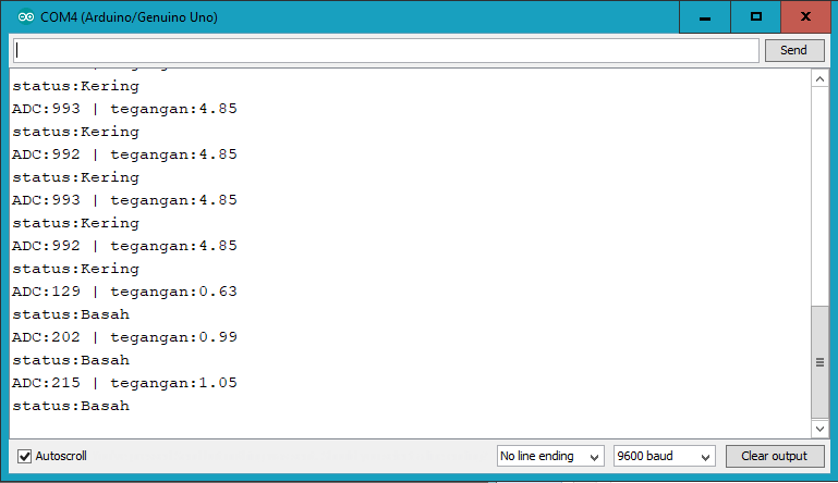 Serial monitor - trial sensor kelembaban tanah arduino