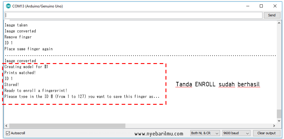 Serial monitor Enroll sidik jari - tanda enroll berhasil