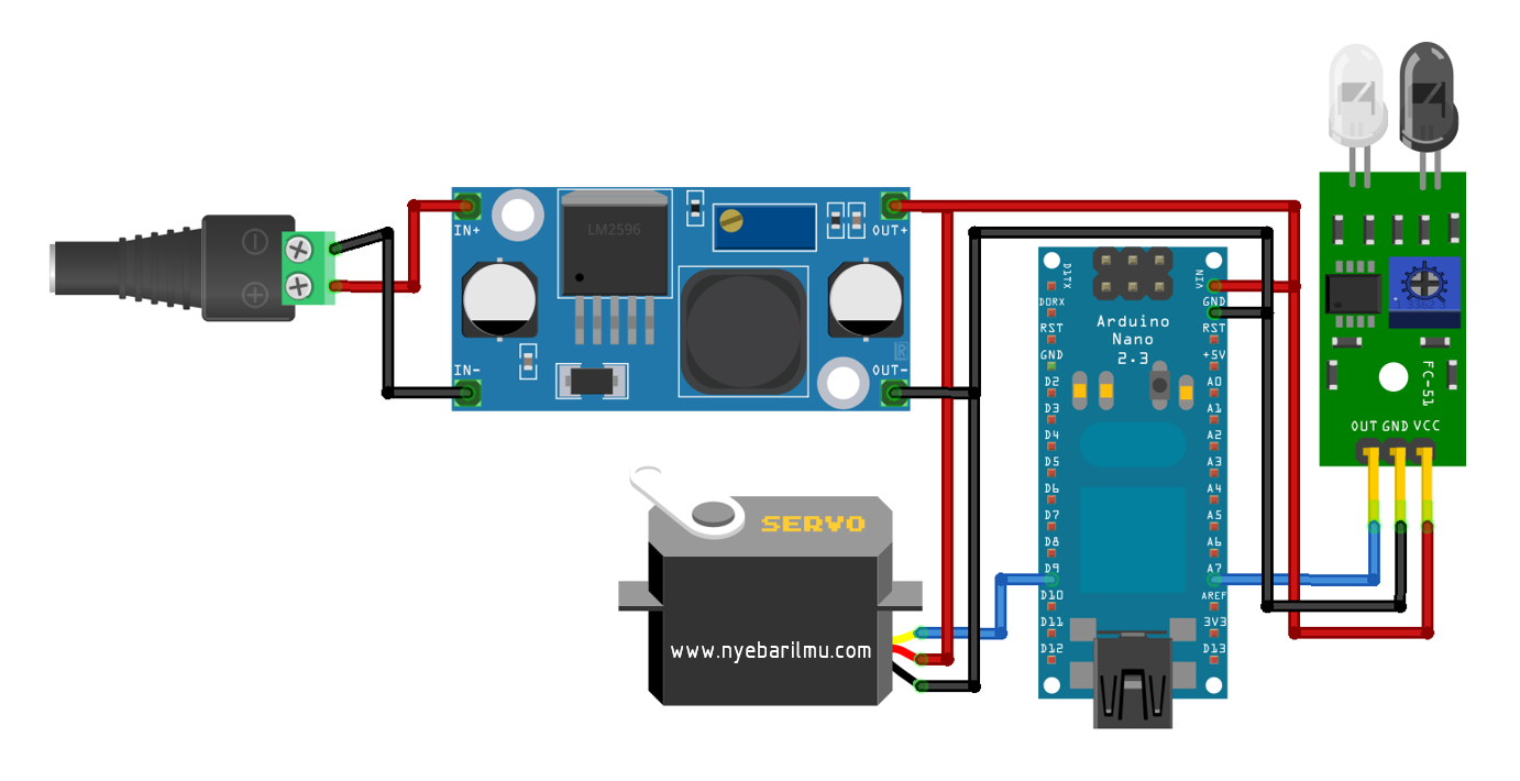 Rangkaian Auto hand sanitizer Arduino + sensor infrared + servo