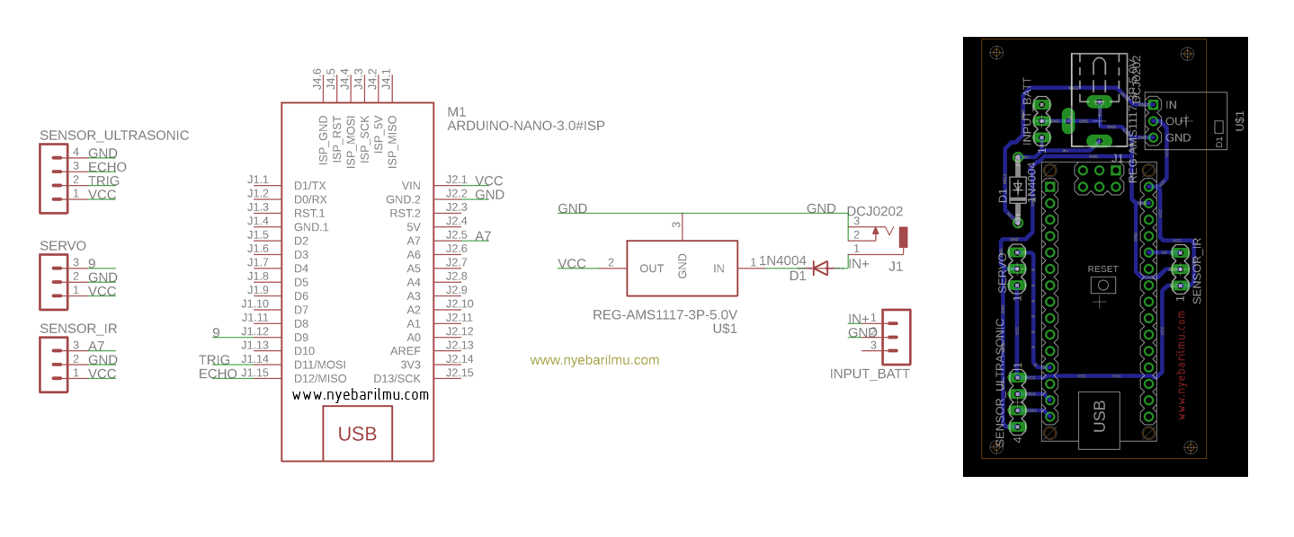 Rangkaian Skematik dan PCB Auto hand sanitizer Arduino + sensor infrared + servo